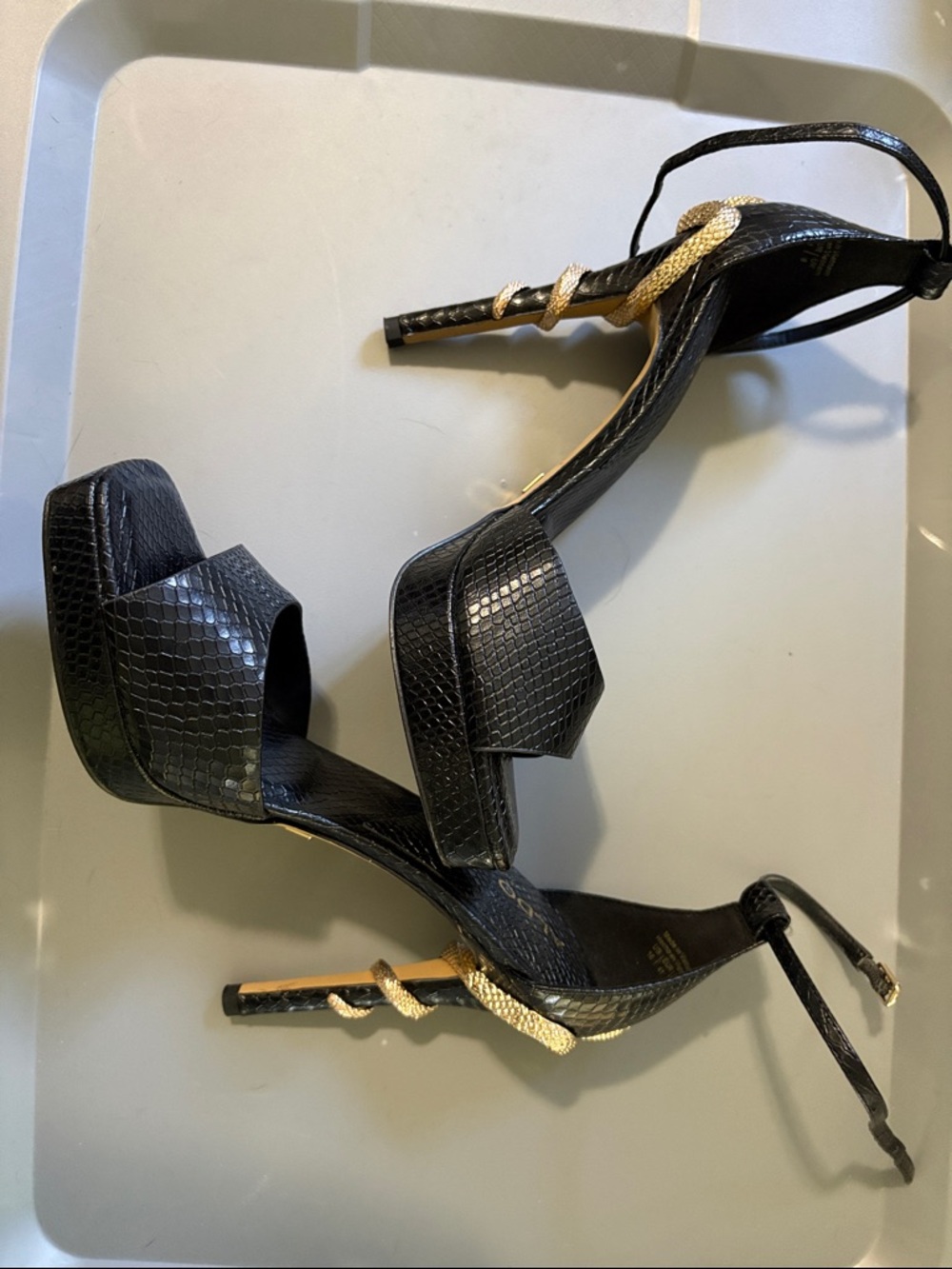 Aldo Black Snake-Embossed Platform Ankle-Strap Heels